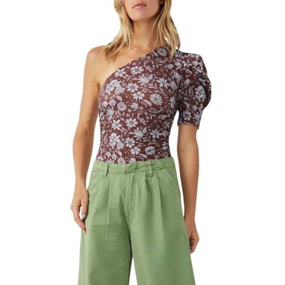NWT FREE PEOPLE One Shoulder Floral Print Bodysuit size S Java - Picture 1 of 8
